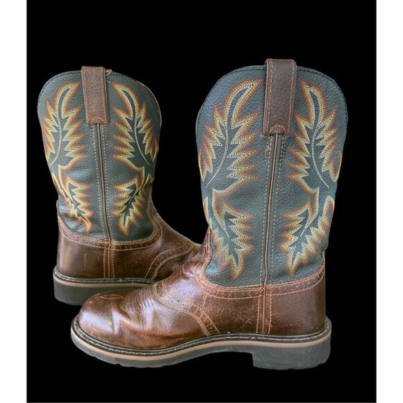 Justin Stampede Boots Work Mens 9.5 Brown Black WK4665 Leather Western Cowboy - Picture 8 of 16